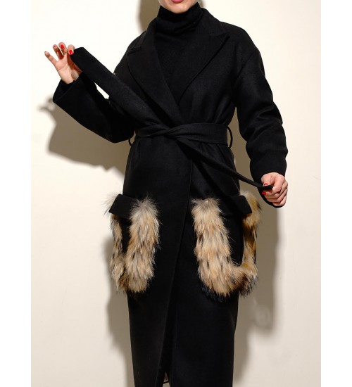 Пальто "Chic fashion" с меховыми карманами енота черное-foto2